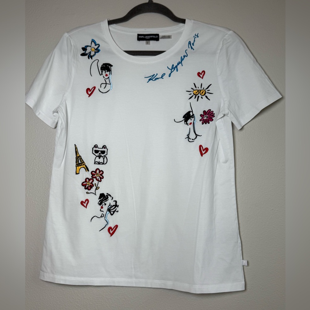 Karl Lagerfeld White Graphic Embroidered Tee